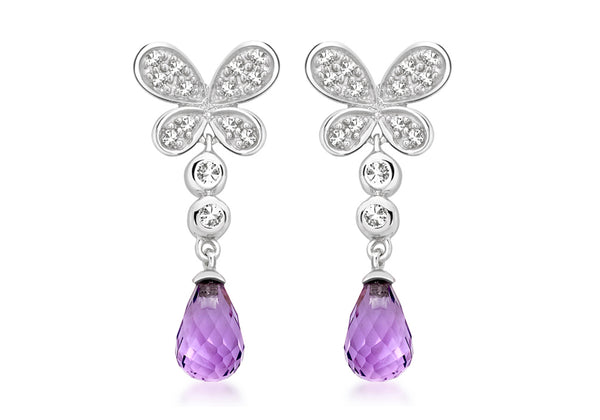 9ct White Gold 0.18ct Diamond Butterfly Amethyst Drop Earrings