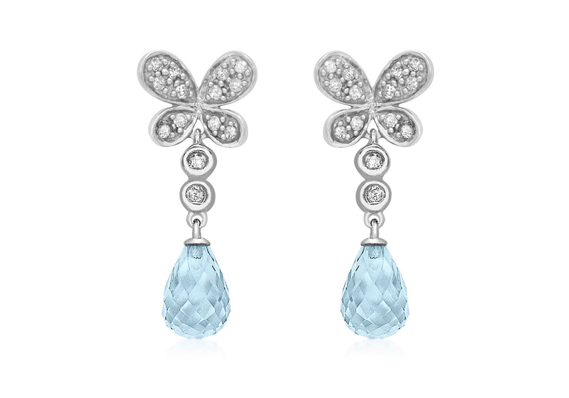 9ct White Gold 0.18ct Diamond Butterfly Blue Topaz Teardrop Earrings