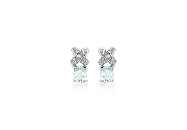 9ct White Gold 0.01ct Diamond and Aquamarine Kiss Stud Earrings