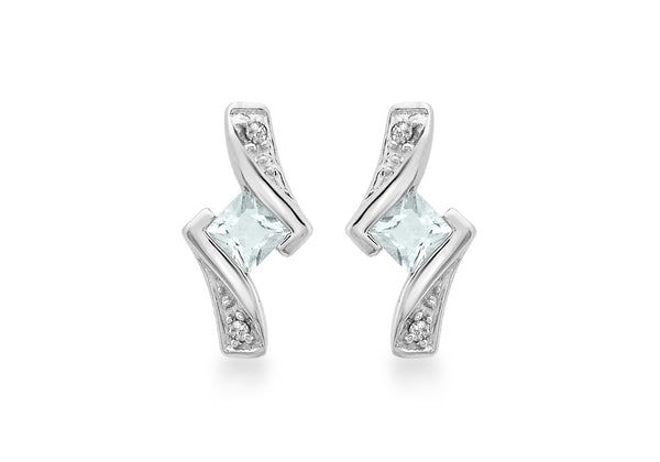 9ct White Gold 0.03t Diamond and Aquamarine Stud Earrings