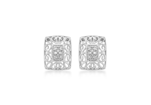 9ct White Gold 0.10ct Diamond Filigree 10mm x 13mm Retangle Stud Earrings