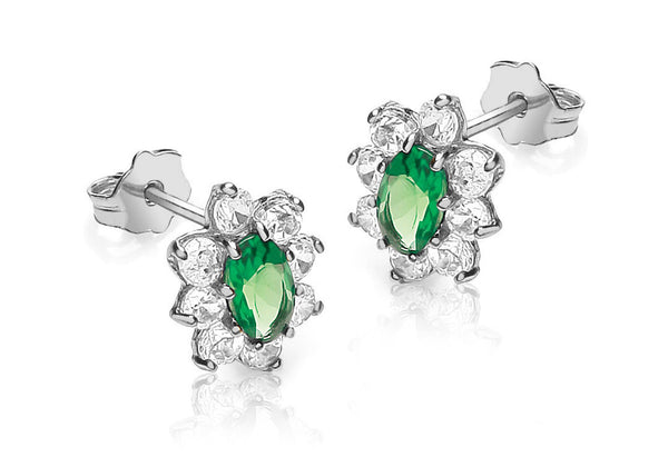 9ct White Gold White and Oval Green Zirconia  Flower Cluster 8mm x 10mm Stud Earrings