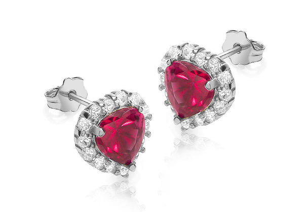 9ct White Gold Red and White Zirconia  9mm x 9mm Heart Cluster Stud Earrings