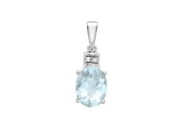 9ct White Gold 1.25t Diamond and Aquamarine Oval Pendant