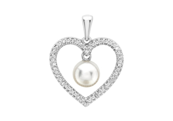 9ct White Gold 0.15t Diamond Heart and Pearl Pendant