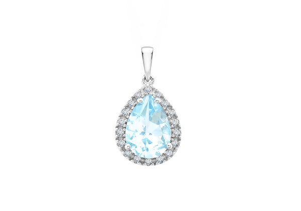 9ct White Gold 0.13t Diamond and Teardrop Blue Topaz 10mm x 15mm Pendant