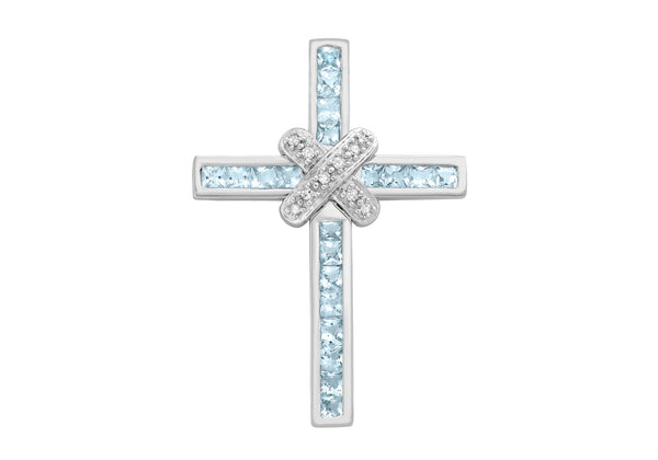 9ct White Gold 0.06t Diamond and Blue Topaz Cross Pendant