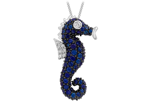 9ct White Gold 0.08t Diamond and Sapphire Seahorse Pendant