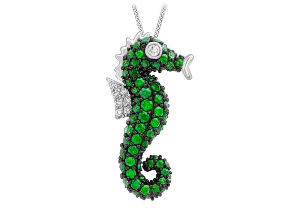 9ct White Gold 0.08t Diamond and Tsavorite Seahorse Pendant