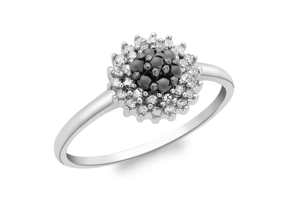 9ct White Gold 0.25t Black and White Diamond Cluster Ring