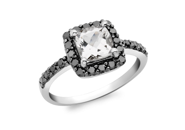 9ct White Gold 0.42t Black Diamond and Square White Topaz Ring