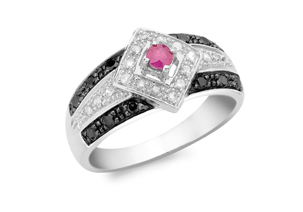 9ct White Gold 0.30t Black and White Diamond and Ruby Ring