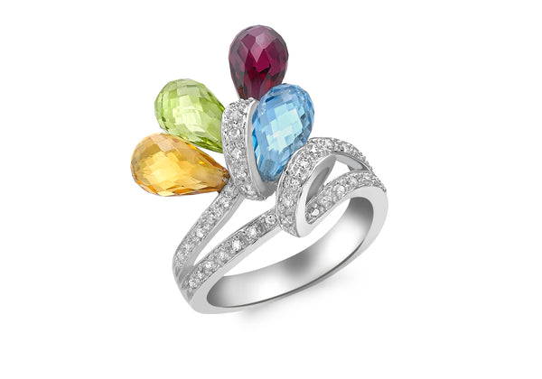 9ct White Gold 0.22ct Diamond Blue Topaz, Garnet, Citrine & Peridot Ring