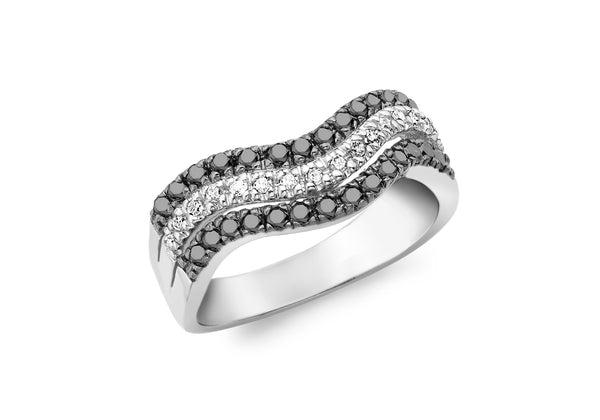 9ct White Gold 0.50ct Black and White Diamond Wave Ring