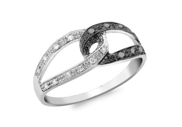 9ct White Gold 0.15t Black and White Diamond Double Loop Ring