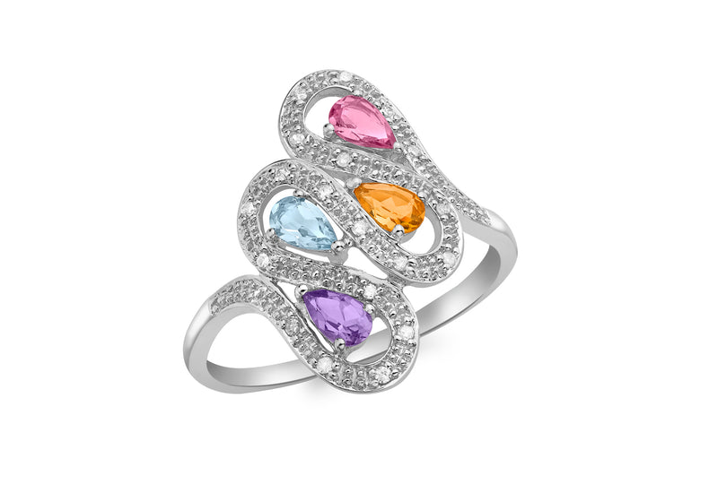 9ct White Gold 0.10ct Diamond and Multi Gemstone Ring