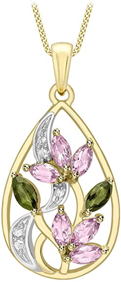 9ct Yellow Gold 0.03ct Diamond & Tourmaline Lotus Pendant