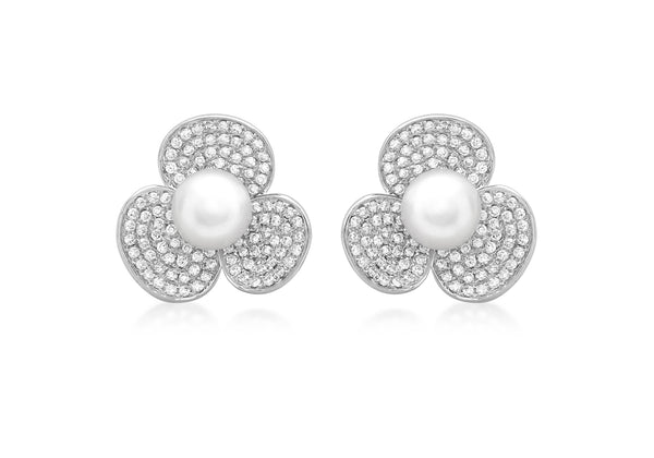 18ct White Gold 0.90t Diamond and Pearl Flower Stud Earrings