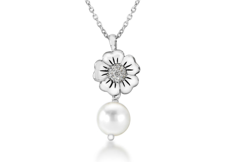 Sterling Silver Rhodium Plated Zirconia  and Pearl Flower Necklace  41m/169