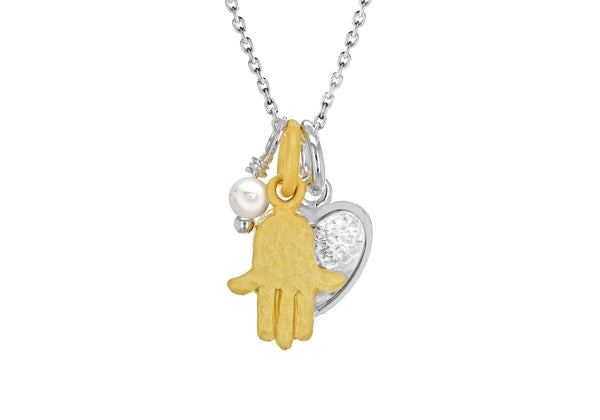 Sterling Silver Gold Plated Hamsa Hand with Pearl and Heart Adjustable Necklace  m/15" - 46m/18"9