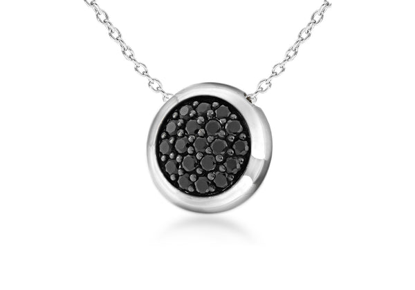 Sterling Silver Rhodium Plated Black Zirconia  Disc Pendant on Adjustable Chain Necklace  41m/16" - 46m/18"9