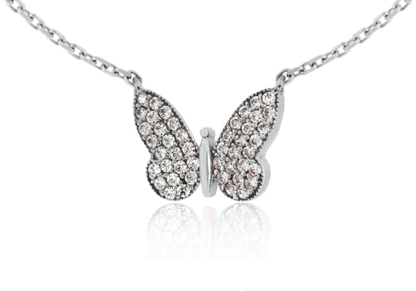 Sterling Silver Rhodium Plated Zirconia Butterfly Adjustable Necklac