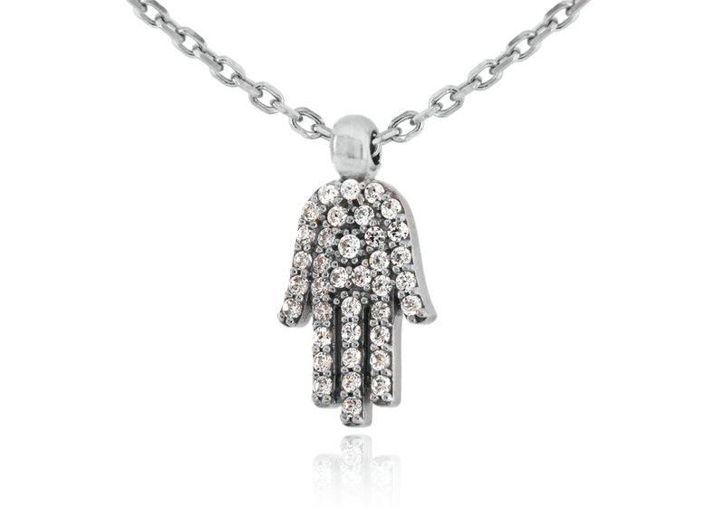 Sterling Silver Rhodium Plated Zirconia  Hamsa Hand Adjustable Necklace  41m/16" - 46m/18"9