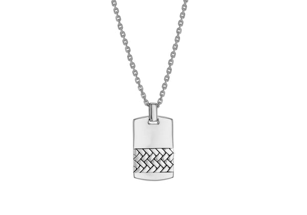 Sterling Silver Herringbone Patterned Dog Tag Pendant on Adjustable Chain 51m/20"-56m/22"9