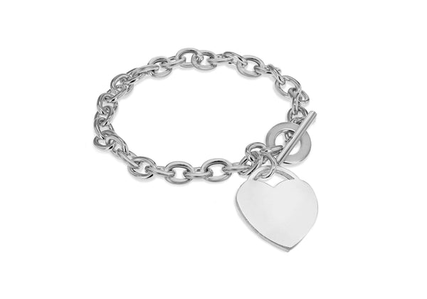 Sterling Silver Heart Charm Belcher  T-Bar Bracelet 19m/7.5"9