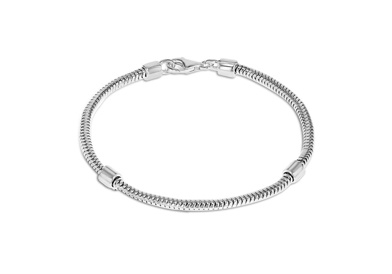 Sterling Silver 3mm Snake Chain and Stoppers Bracelet 21m/8.25"9