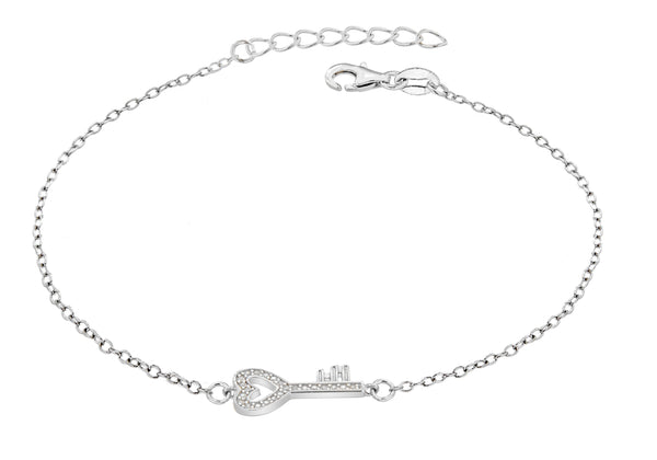 Sterling Silver Rhodium Plated Zirconia  Key Adjustable Bracelet 16.5m/6.5"-19m/7.5"9