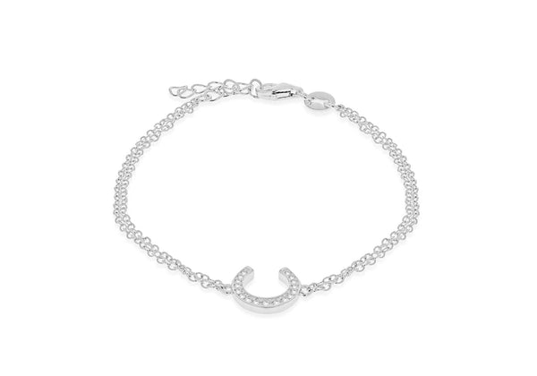 Sterling Silver Rhodium Plated Zirconia  10.4mm x 10.8mm Horseshoe Double Chain Bracelet 17m/6.5"-19m/7.5"9