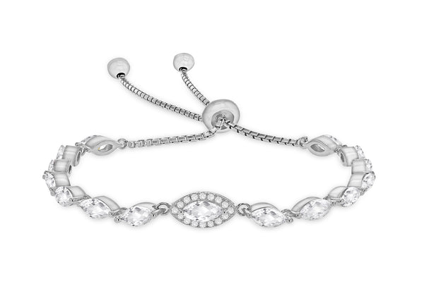 Sterling Silver Rhodium Plated Marquise Zirconia  Adjustable Box Chain Slider Bracelet