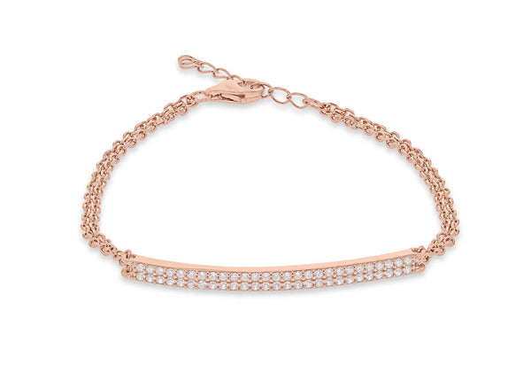 Sterling Silver Rose Gold Plated Zirconia  Bar and Double Chain Adjustable Bracelet 16.5m/6.5"-19m/7.5"9