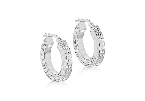 Sterling Silver 22.5mm Patterned Square-Tube Hoop Earrings