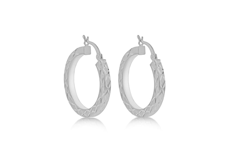 Sterling Silver 26mm Diamond Cut Satin Creole Earrings