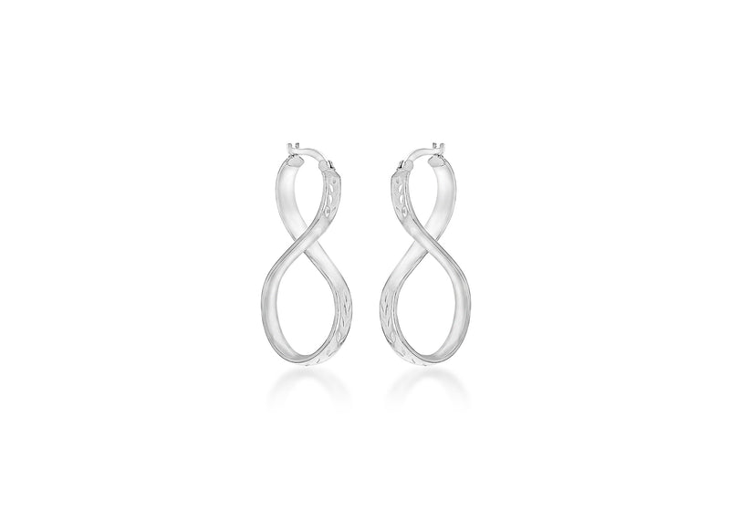 Sterling Silver Rhodium Plated 20mm x 40mm Diamond Cut 'Figure 8' Creole Earrings