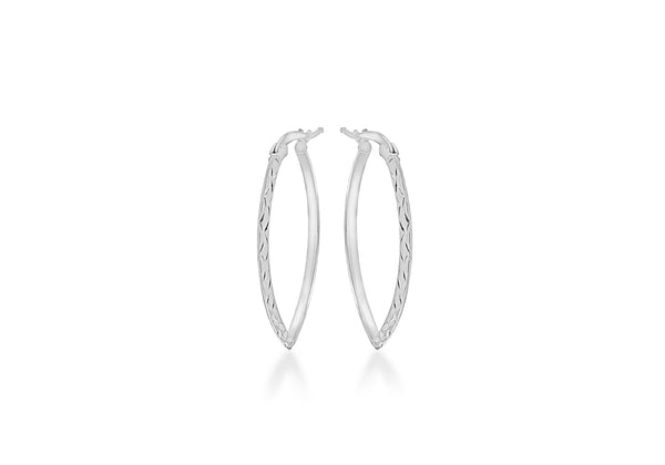 Sterling Silver Rhodium Plated Diamond Cut Elliptical Creole Earrings