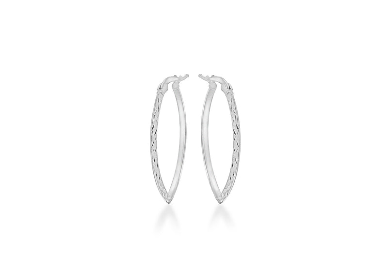 Sterling Silver Rhodium Plated Diamond Cut Elliptical Creole Earrings