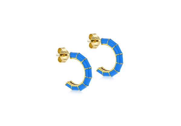 Yellow Gold Plated Sterling Silver Blue Enamel Half Hoop Earrings