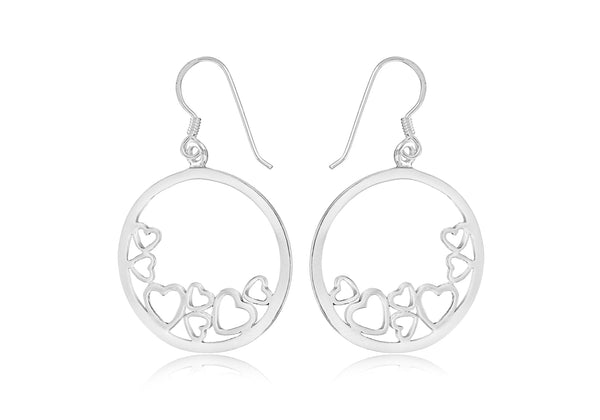 Sterling Silver Hearts-In-Circle Drop Earrings