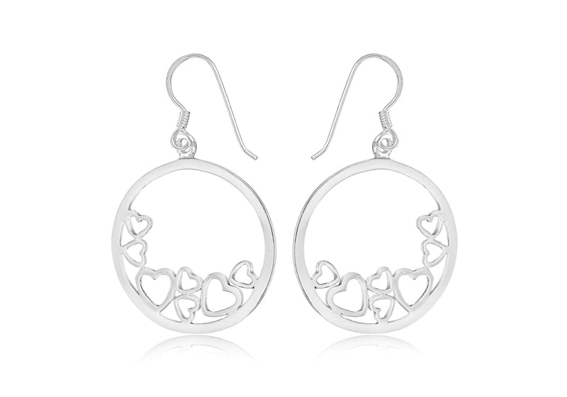 Sterling Silver Hearts-In-Circle Drop Earrings