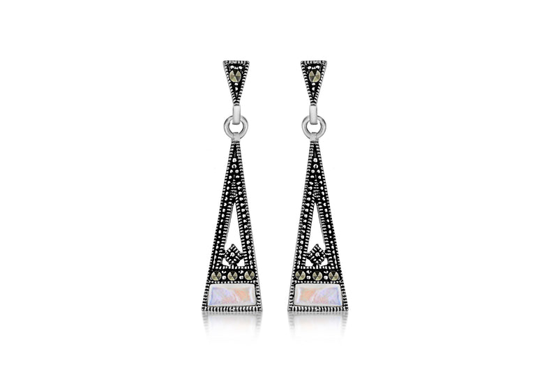 Sterling Silver Trapezoid Marcasite & Mother of Pearl Drop Earrings