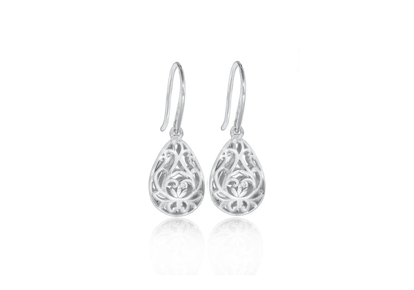 Sterling Silver Rhodium Plated Filigree Teardrop Earrings