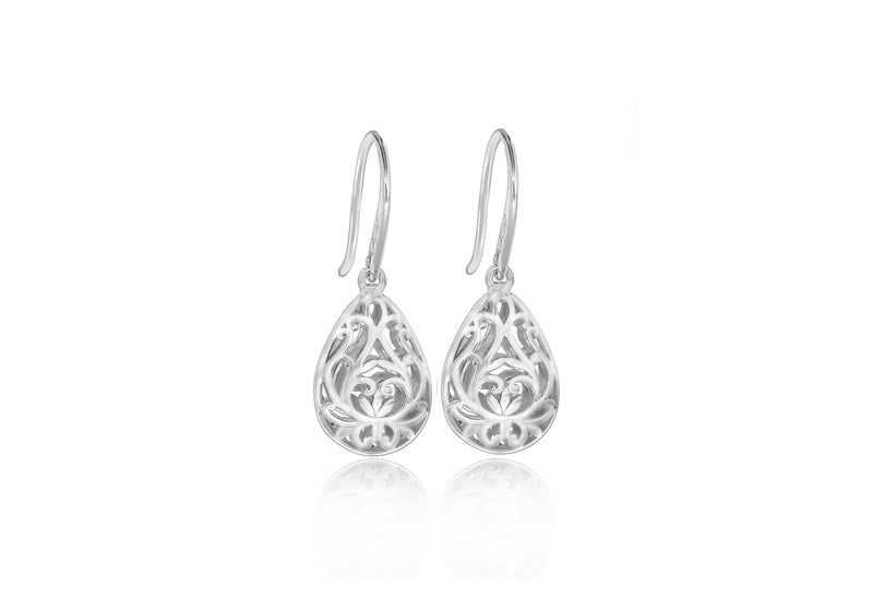 Sterling Silver Rhodium Plated Filigree Teardrop Earrings