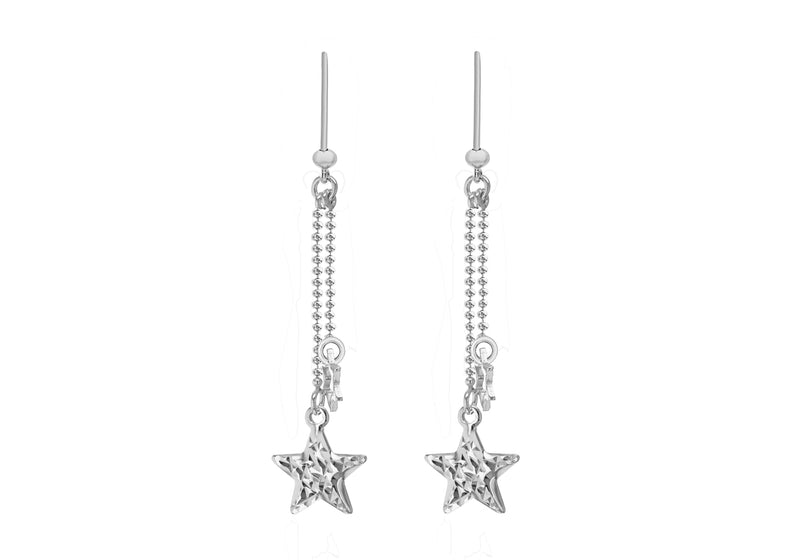 Sterling Silver 12mm x 52mm Double-Star Drop Earrings