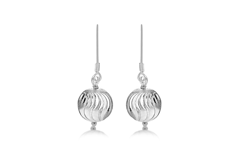 Sterling Silver 10mm x 30mm Wave Pattern Ball Drop Earrings