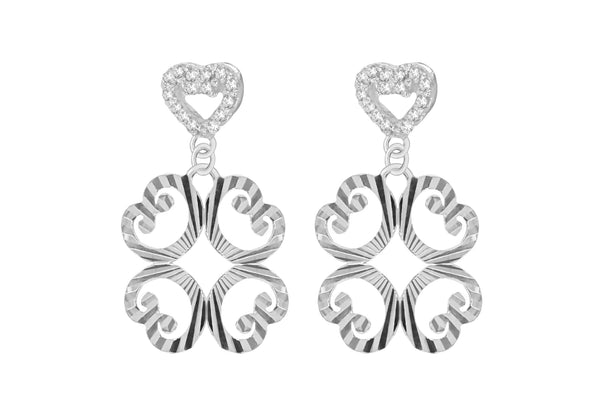 Sterling Silver Diamond Cut Zirconia  Heart Flower Drop Earrings