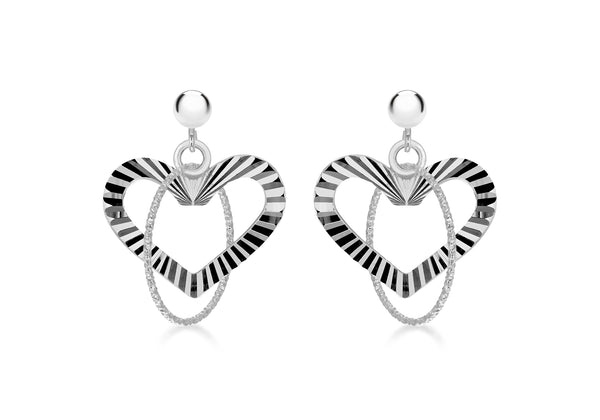 Sterling Silver Diamond Cut Open-Heart and Ring Drop Earrings