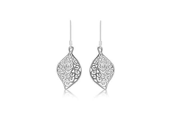 Sterling Silver urved Filigree Leaf Drop Earrings